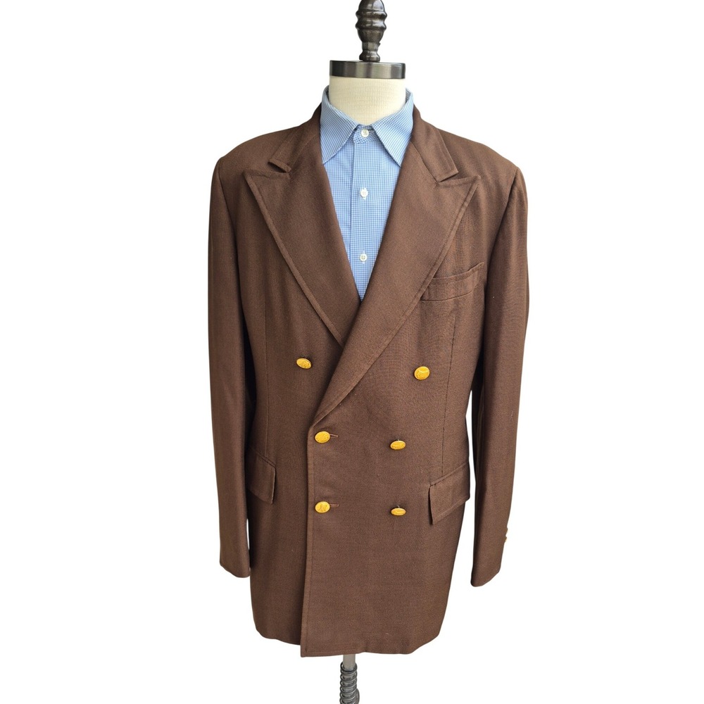 Neiman Marcus Traditional Shop Brown Double Breasted Hopsack Blazer Gold Sz 44 L